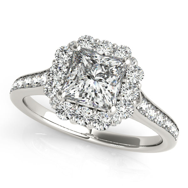 Square halo engagement ring with 1CT Princess Cut Lab Diamond, polished white gold band for sleek timeless elegance