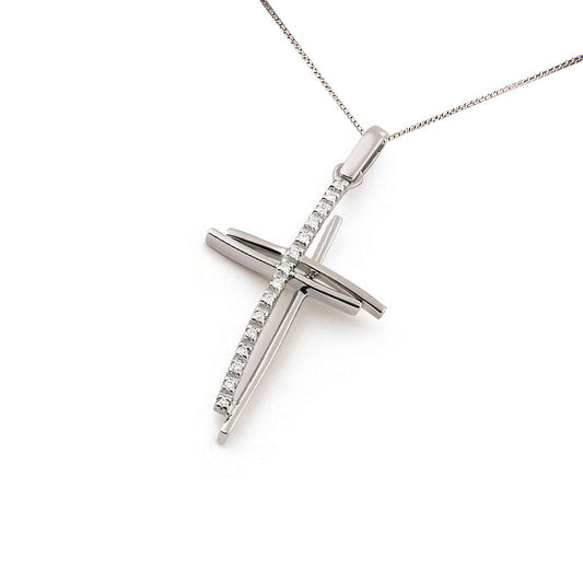 Petite diamond cross necklace in 18K white gold with double bar design, natural round diamonds, curved vertical arm, Encore DT exclusive