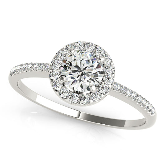 Round-cut engagement ring with 1CT Round Lab Diamond, halo, pavé-set band and scalloped gallery crafted in 14K White Gold