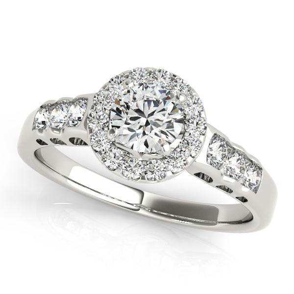 Romantic round-cut engagement ring with 1CT Lab Diamond, petal gallery, bezel details, and pavé band in 14K White Gold