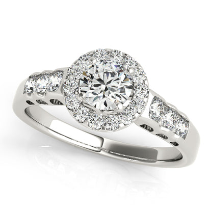 Romantic round-cut engagement ring with 1CT Lab Diamond, petal gallery, bezel details, and pavé band in 14K White Gold
