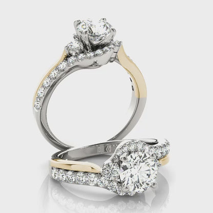 Two Tone 14K White Yellow Gold Engagement Ring Curved Split Shank