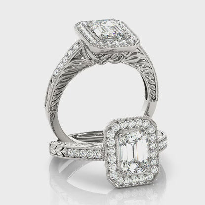 1CT Emerald Cut Diamond Engagement Ring Vintage Halo Filigree