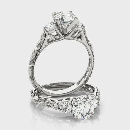 Vintage Three Stone Engagement Ring with Unique White Gold Shank