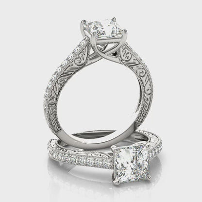 1CT Princess Cut Diamond Engagement Ring 14K White Gold Vintage Trellis