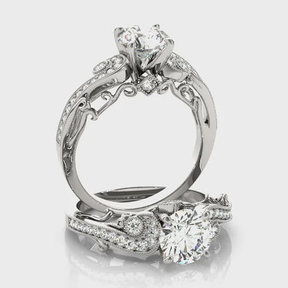 14K White Gold Vintage Diamond Engagement Ring Curved Shank Filigree