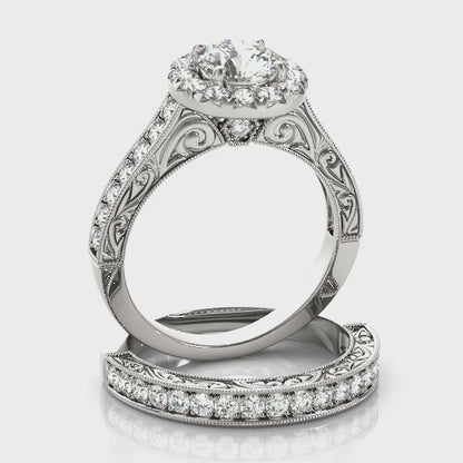 Vintage 1CT Diamond Halo Engagement Ring 14K White Gold
