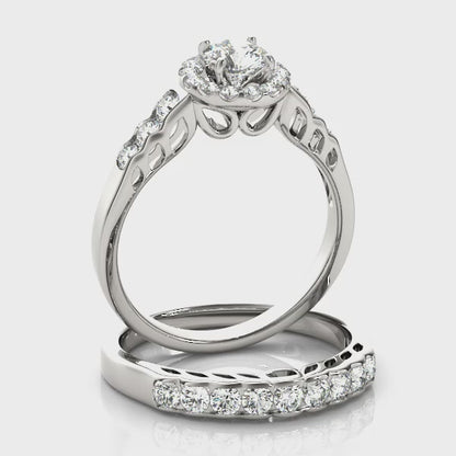 Posh Vintage Side Stone Diamond Engagement Ring with Round Halo