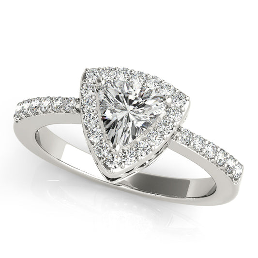 Trillion-cut engagement ring with 1CT Trillion Cut Lab Diamond, pavé halo and lattice gallery crafted in 14K White Gold