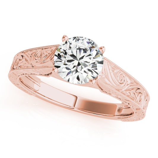 Vintage halo engagement ring in 14K Rose Gold with 1CT round lab diamond, scroll band, and milgrain