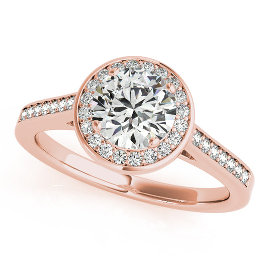 Round halo engagement ring in 14K Rose Gold with 1CT lab diamond, pavé band, and 42 hidden accent stones