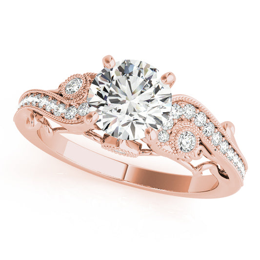 Vintage halo engagement ring with round diamond, 30 side stones, intricate swirls, and cathedral style in rose gold
