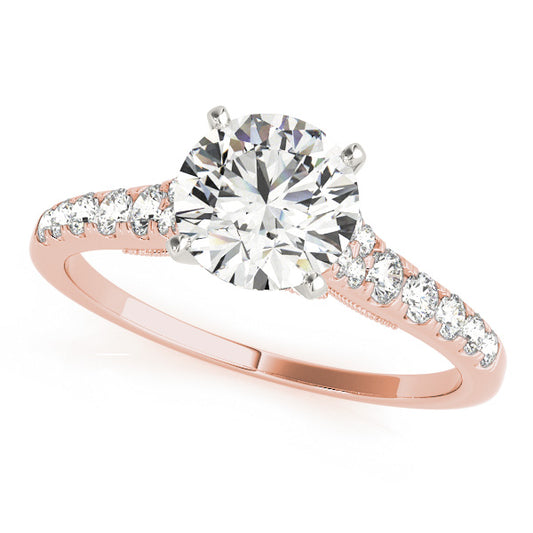 Two-tone cathedral engagement ring in 14K Rose and White Gold with 1CT round lab diamond and milgrain