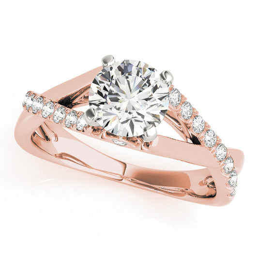 Split shank engagement ring in rose gold with round center stone, 20 side diamonds, and elegant cathedral design