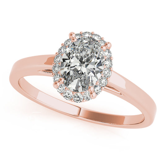 Oval halo engagement ring in 14K Rose Gold with 1CT lab diamond, 18 side stones, and cathedral gallery