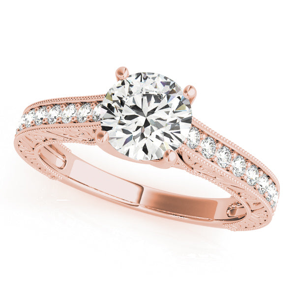Vintage engagement ring in 14K Rose Gold with 1CT round lab diamond, 16 side stones, and scroll accents