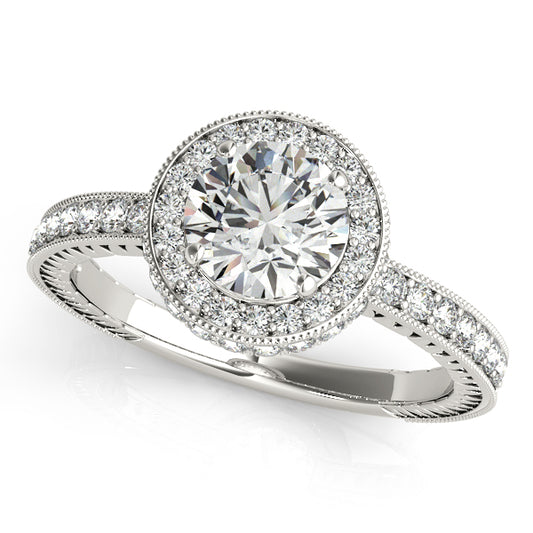 Vintage round engagement ring with 1CT Lab Diamond, halo, milgrain, and 55 accent stones in 14K White Gold (VS1/F Color)
