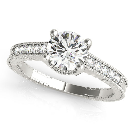 White gold engagement ring with 1CT Round Lab Diamond, 10 side diamonds and vintage milgrain band crafted in 14K White Gold