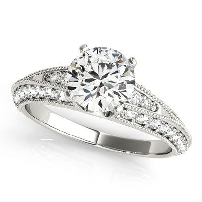 Split-shank engagement ring featuring 1CT Round Lab Diamond, 40 side diamonds, vintage halo in 14K White Gold (VS1/F Color)