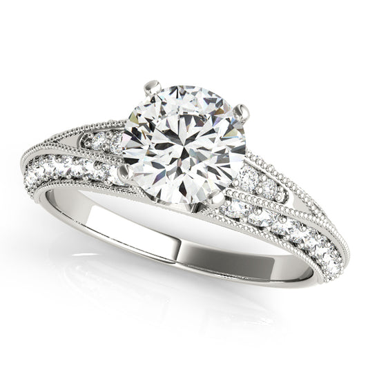 Split-shank engagement ring featuring 1CT Round Lab Diamond, 40 side diamonds, vintage halo in 14K White Gold (VS1/F Color)