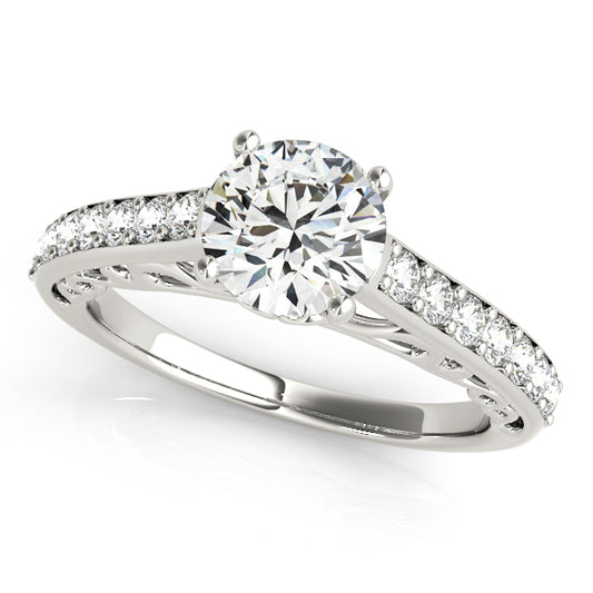 Split shank engagement ring featuring 1CT Round Lab Diamond with 14 pavé diamonds and scroll accents in 14K White Gold (VS1/F Color)