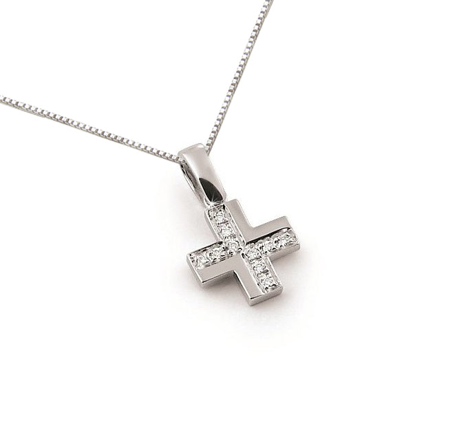 Small 18K white gold diamond cross necklace with a 15mm petite pendant, featuring natural SI1 diamonds in a pavé setting on a 16-inch chain
