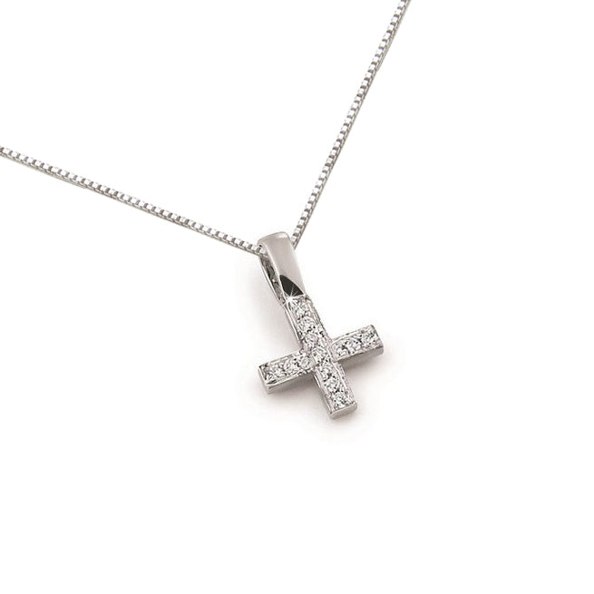 Small diamond cross necklace in 18K white gold with round natural diamonds, minimalist rectangular shape, Encore DT exclusive