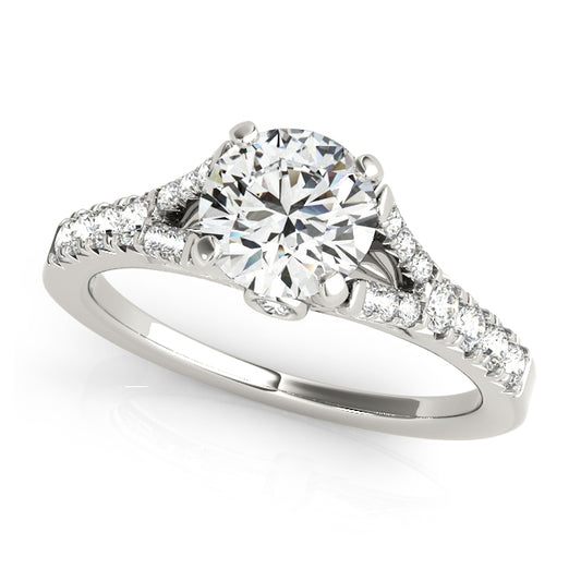 Split shank engagement ring with 1CT Round Lab Diamond and 22 side diamonds in prong setting crafted in 14K White Gold