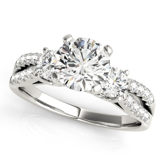 Split shank three-stone engagement ring with 1CT Round Lab Diamond and 18 pavé diamonds crafted in 14K White Gold