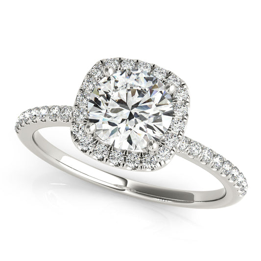 Halo engagement ring featuring a 1CT Round Lab Diamond (VS1/F Color) with 40 pavé side diamonds and slender cathedral band in 14K White Gold