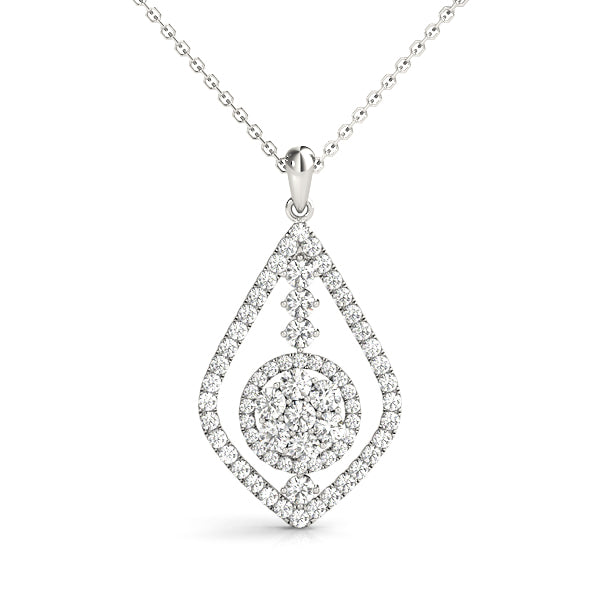 0.60CT lab diamond teardrop pendant in white gold with halo and round cluster center
