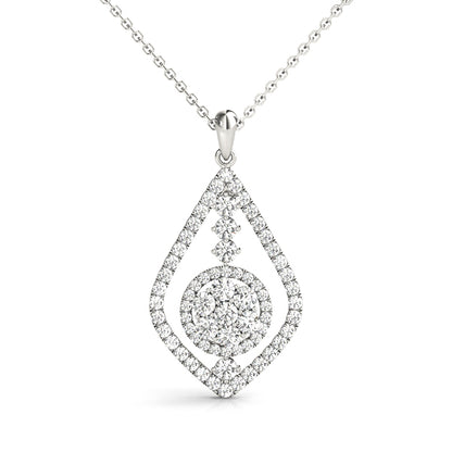 0.60CT lab diamond teardrop pendant in white gold with halo and round cluster center
