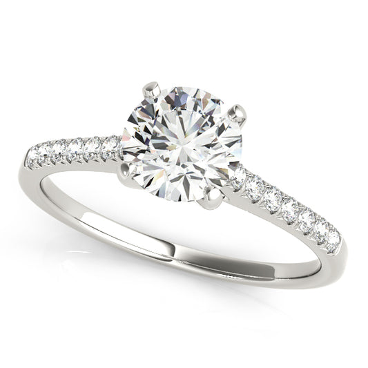 Solitaire engagement ring in white gold with round center stone, 14 pave side diamonds, and tapered band.