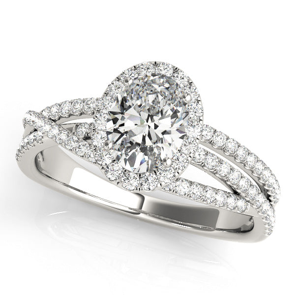 Oval engagement ring with 1CT Oval Lab Diamond, diamond halo and intertwined split-shank crafted in 14K White Gold (VS1/F Color)
