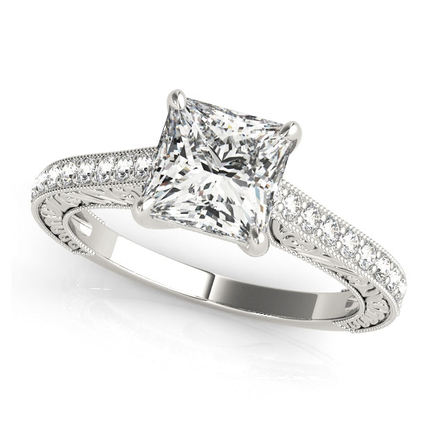 Princess-cut engagement ring with 1CT Princess Cut Lab Diamond, 16 side stones, scrollwork and trellis design in 14K White Gold