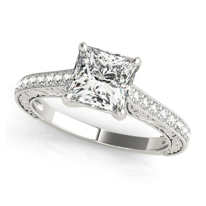 Princess-cut engagement ring with 1CT Princess Cut Lab Diamond, 16 side stones, scrollwork and trellis design in 14K White Gold