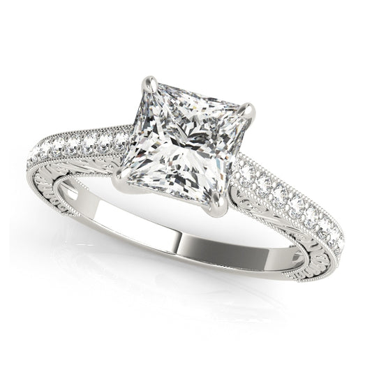 Princess-cut engagement ring with 1CT Princess Cut Lab Diamond, 16 side stones, scrollwork and trellis design in 14K White Gold