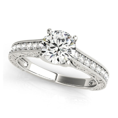 Vintage-inspired engagement ring with 1CT Round Lab Diamond, 16 pavé side diamonds and scrollwork crafted in 14K White Gold
