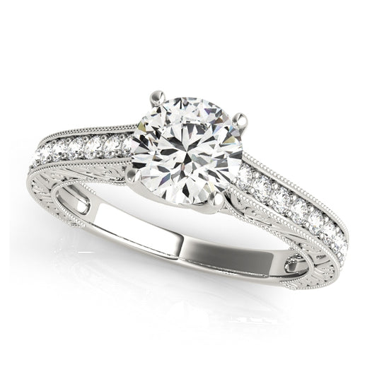 Vintage-inspired engagement ring with 1CT Round Lab Diamond, 16 pavé side diamonds and scrollwork crafted in 14K White Gold