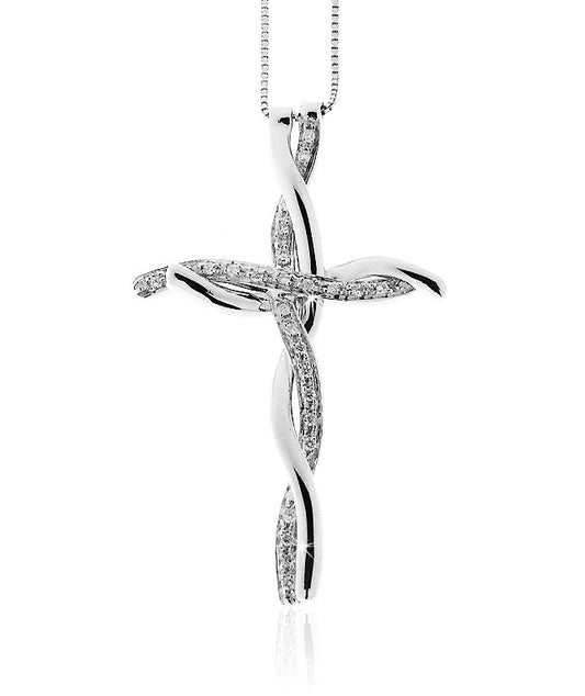 18K white gold twisted diamond cross pendant with curved interlacing bands, Encore DT Italian exclusive