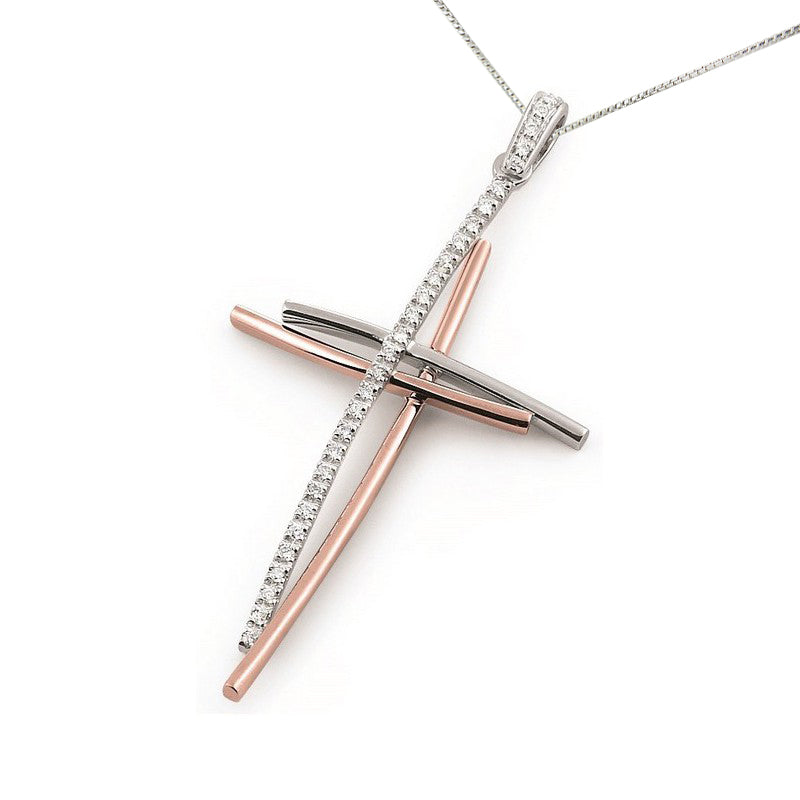 Two tone gold diamond cross necklace in rose and white 18K gold, double cross with round diamonds, curved bars.