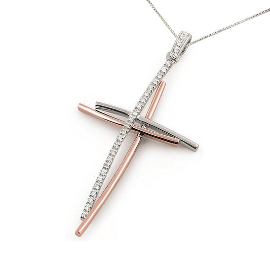 Two tone gold diamond cross necklace in rose and white 18K gold, double cross with round diamonds, curved bars.