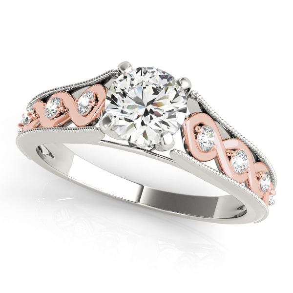 Infinity engagement ring with 1CT Round Lab Diamond, rose gold accents, white gold milgrain band crafted in 14K White and Rose Gold