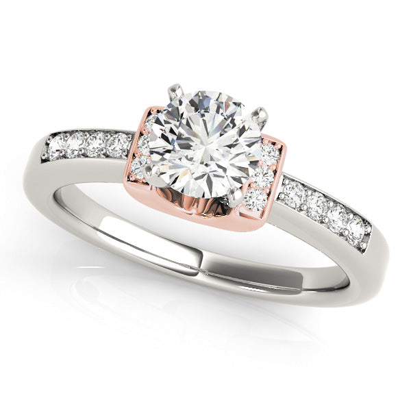 Two-tone halo engagement ring with 1CT Round Lab Diamond, rose gold basket, white gold split shank, and pavé side stones