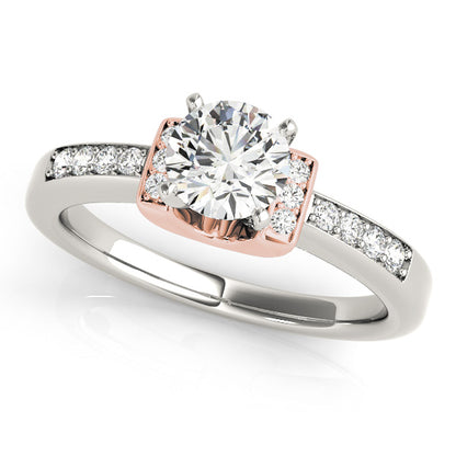 Two-tone halo engagement ring with 1CT Round Lab Diamond, rose gold basket, white gold split shank, and pavé side stones