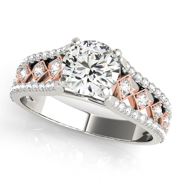 Two-tone engagement ring with 1CT Round Lab Diamond, 58 pavé side diamonds, lattice design in 14K White and Rose Gold