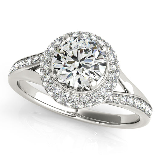 Double halo engagement ring with 1CT Round Lab Diamond, asymmetrical split-shank band in 14K White Gold