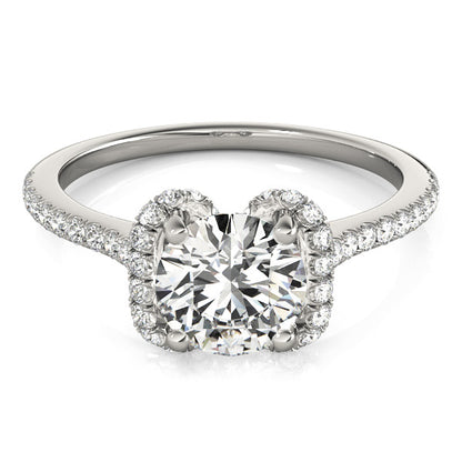 Heart-inspired cushion halo engagement ring with 1CT Round Lab Diamond and pavé cathedral band crafted in 14K White Gold