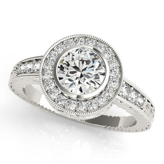 Round-cut engagement ring with 1CT Round Lab Diamond, bezel halo, engraved channel band crafted in 14K White Gold
