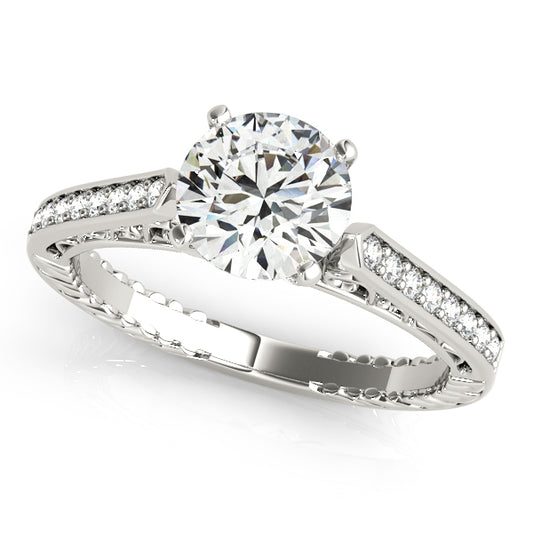 Cathedral halo engagement ring featuring 1CT Round Lab Diamond with split shank, 16 pavé diamonds crafted in 14K White Gold